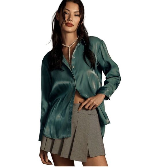 New! By Anthropologie Green Iridescent Button Down Top Sz XS - Picture 2 of 6